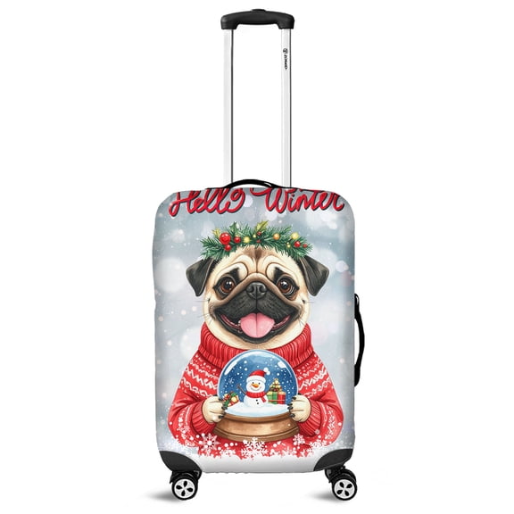 Hello Welcome Winter Pug Holding Snow Globe Snowman Travel Luggage Cover Dog Lover Gifts Suitcase Dust Protective Decor - 13015