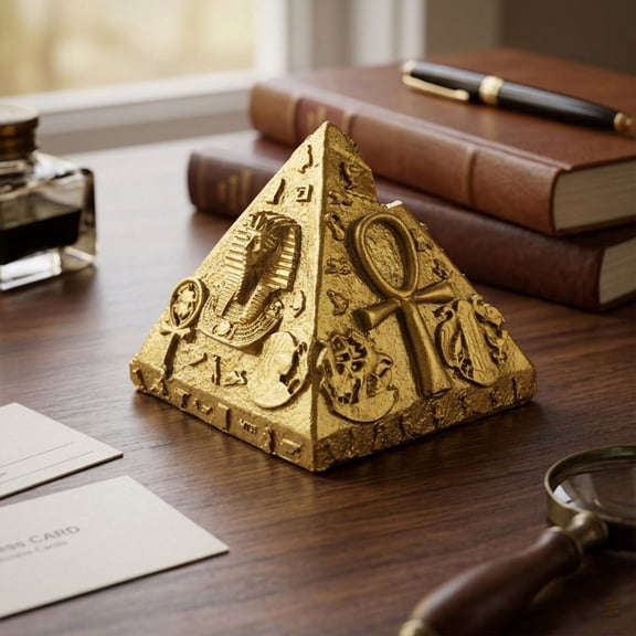 Liamobondopolis Golden Egyptian Pyramid Figurine With Ankh Symbol Resin Statue for Home Decor Living Room Desk and Shelf