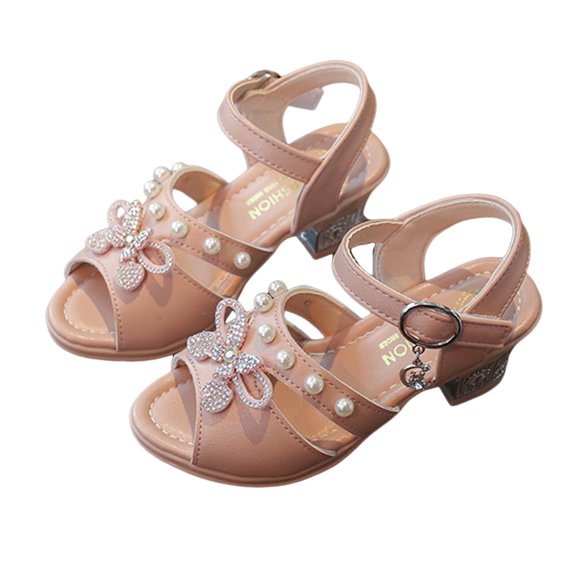 Girls Sandals Open Toe Heels Elegant Pearl Rhinestone Bow Flower Girl Wedding Party Shoes Kids Princess Dress Shoes Pink 12 Little Kid