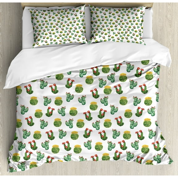 Plants Duvet Cover Set, Floral Theme Watercolor Style Effect Illustration of Cactus and Suculent Prints, Decorative 3 Piece Bedding Set with 2 Pillow Shams, Calking Size, Green Yellow, by Ambesonne