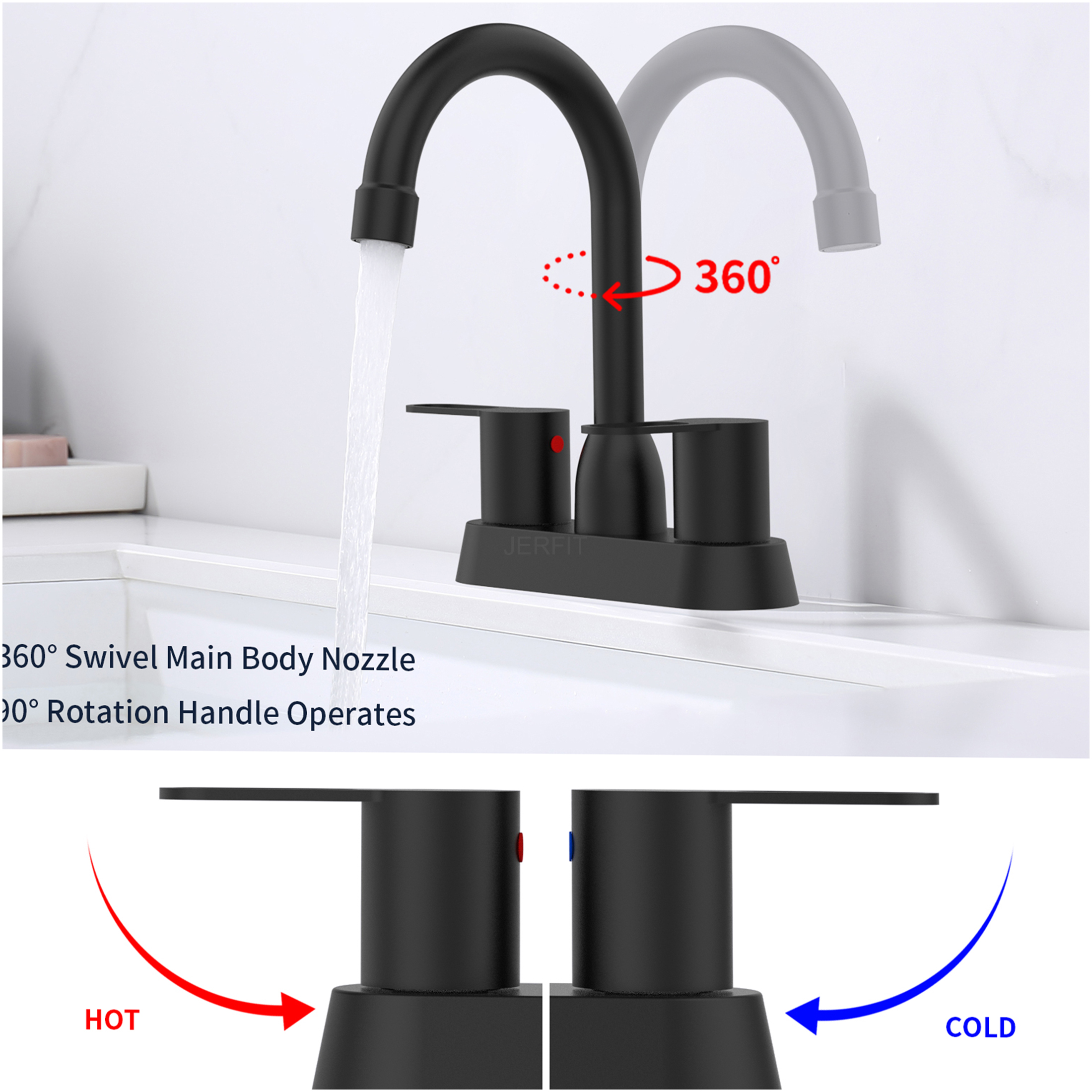 JERFIT Modern Matte Black Bathroom Sink Faucet, 2-Handle Centerset Vanity Faucet for 3-Hole Mount, Solid Brass Construction