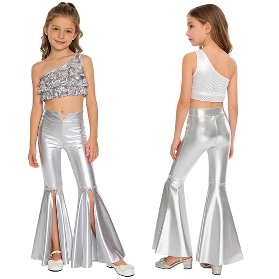 iiniim Metallic Sequins Jazz Dance Outfits for Girls 2pcs Ruffle Crop Top with Slit Flared Pants Prom Party Wear Silver 8