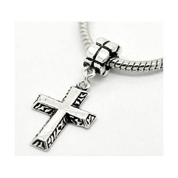 Sexy Sparkles Antique Silver Tone Christian Cross Charm Spacer Bead Fits Troll Chamilia Biagi Bracelet, Religious Charm Spacer