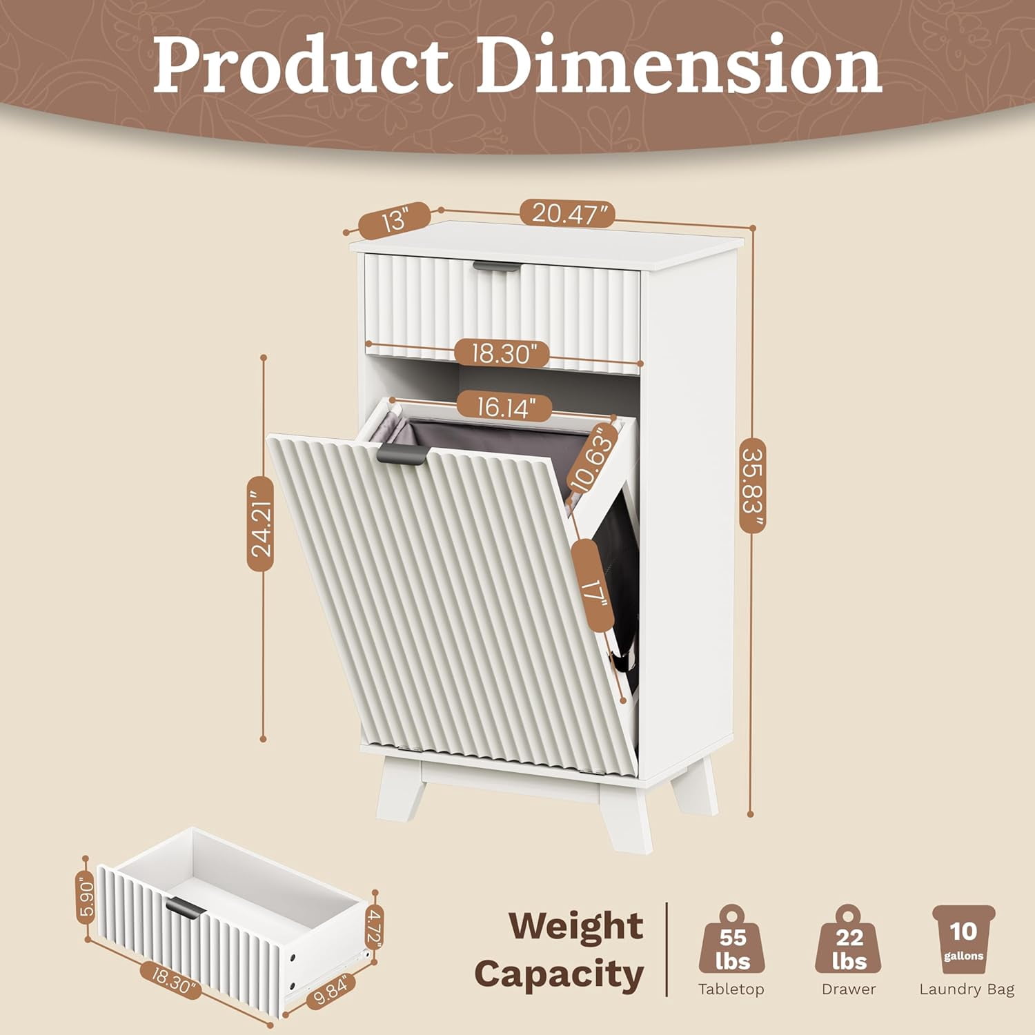 FANRAL Single Tilt Out Laundry Hamper Cabinet,10 Gallon Wooden Hidden Storage Cabinet,Fluted Trash Can for Bathroom Kitchen Living Room,White Laundry Basket Cabinet