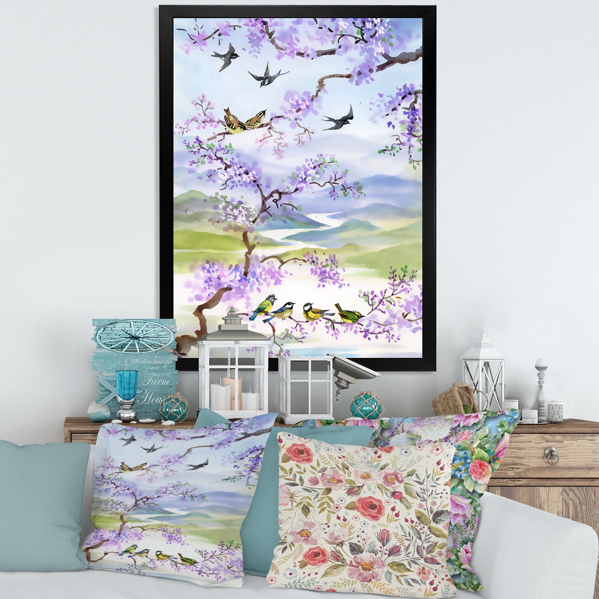 Designart 'Birds Sitting On Cherry Branch' Traditional Framed Art Print