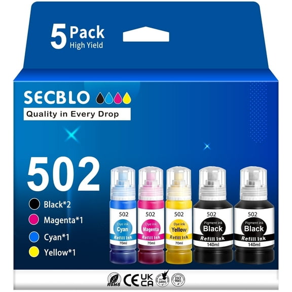 SECBLO 502 Ink Refill Bottle Replacement for Epson 502 T502 for EcoTank ET-4760 3850 Printer, 5 Pack
