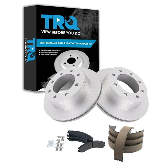 TRQ Rear Brake Pad & Rotor Kit Brake Pads Brake Rotor Parking Brake Shoe Set Semi-Metallic Fits Select 2009-2016 Chevrolet Express 3500 GMC Savana 3500