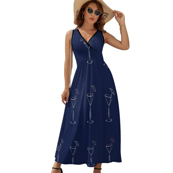 Martini Cocktail Glass Dress Summer Street Style Bohemia Long Dresses Female Sleeveless Printed Maxi Dress