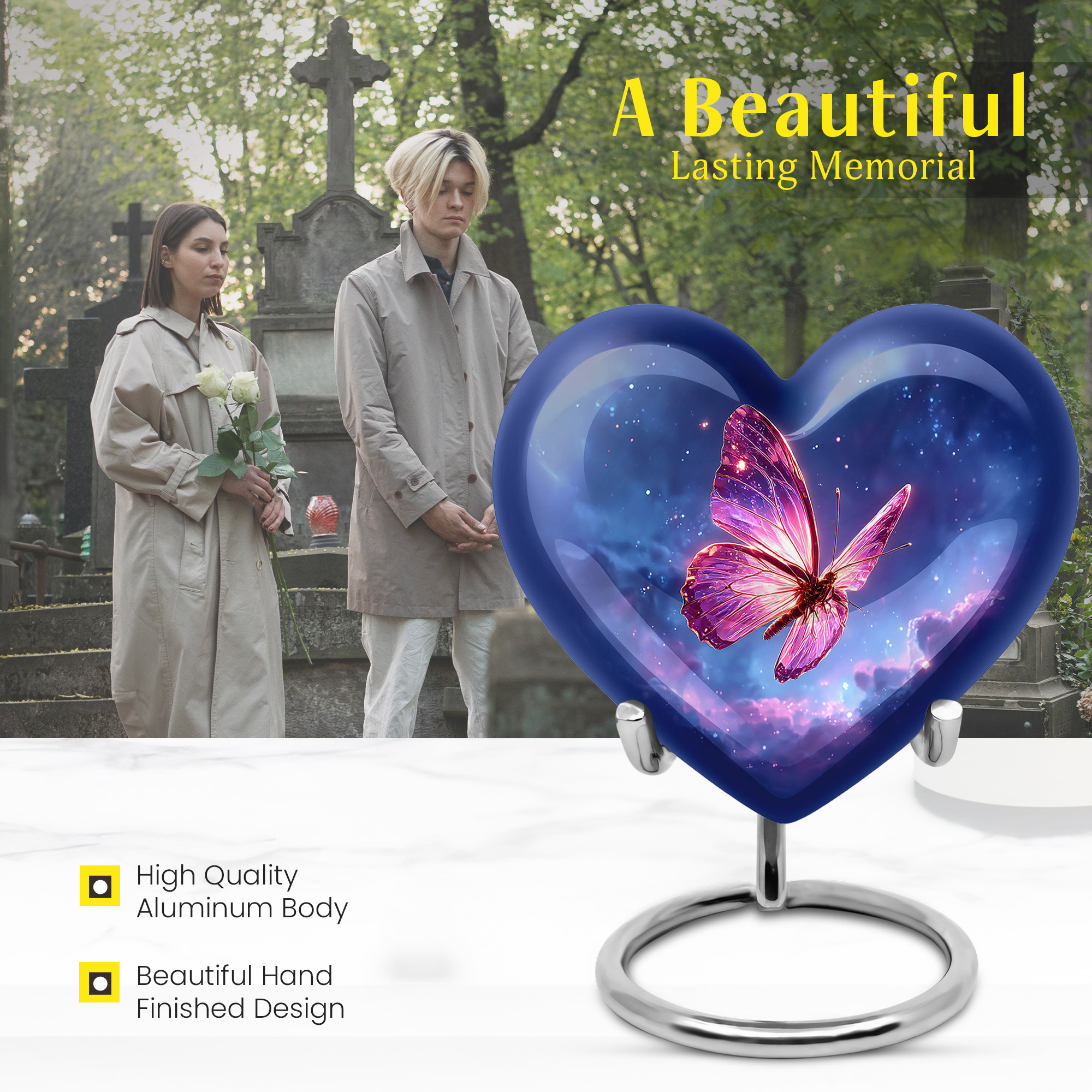 MUKTIVE Butterfly Keepsake Urns for Adult Ashes, Memorial Blue Cremation Urns for Women & Men, Stars Decorative Mini Heart Urn for Ashes Mother & Father, 3 Inch