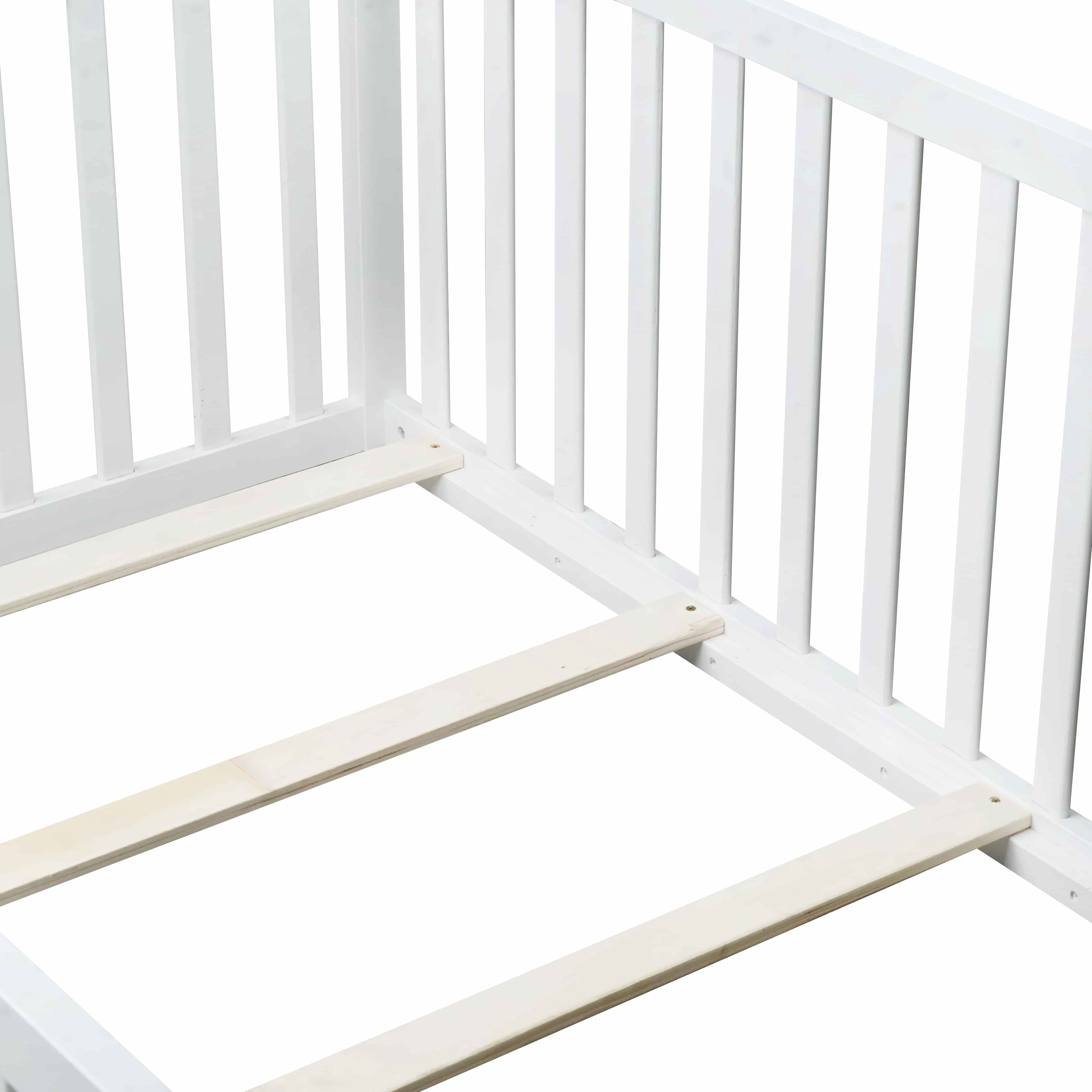 UHOMEPRO Twin Floor Bed with High Fence & Door, Montessori Floor Bed with 21.5" Safety Guardrails, Solid Wood Twin Beds Frame for Kids Girls, Boys, with Slats, White