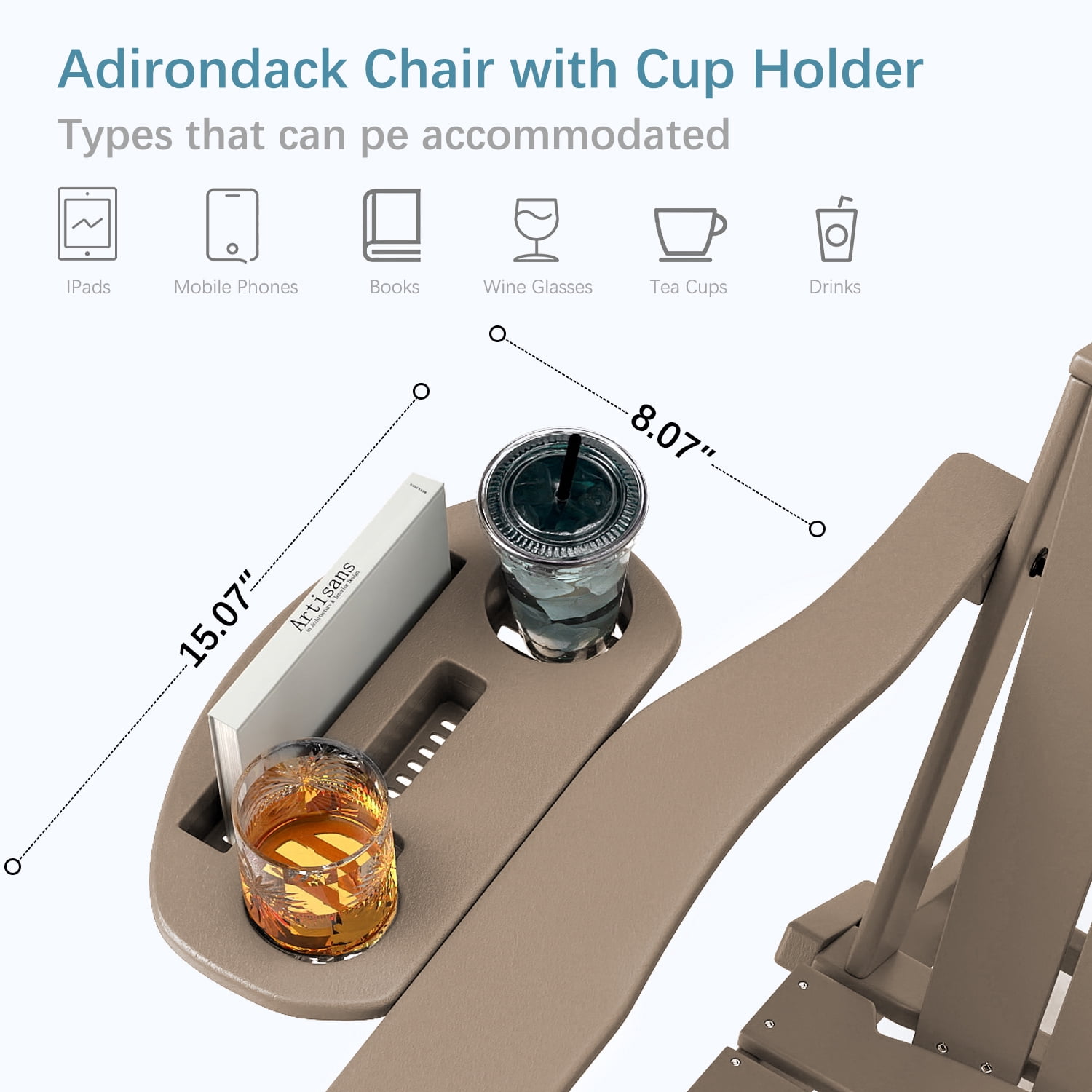 FOOWIN Adjustable Backrest Folding Adirondack Chair with Cup Holder, HDPE Weather Resistant Fire Pit Chair, Brown