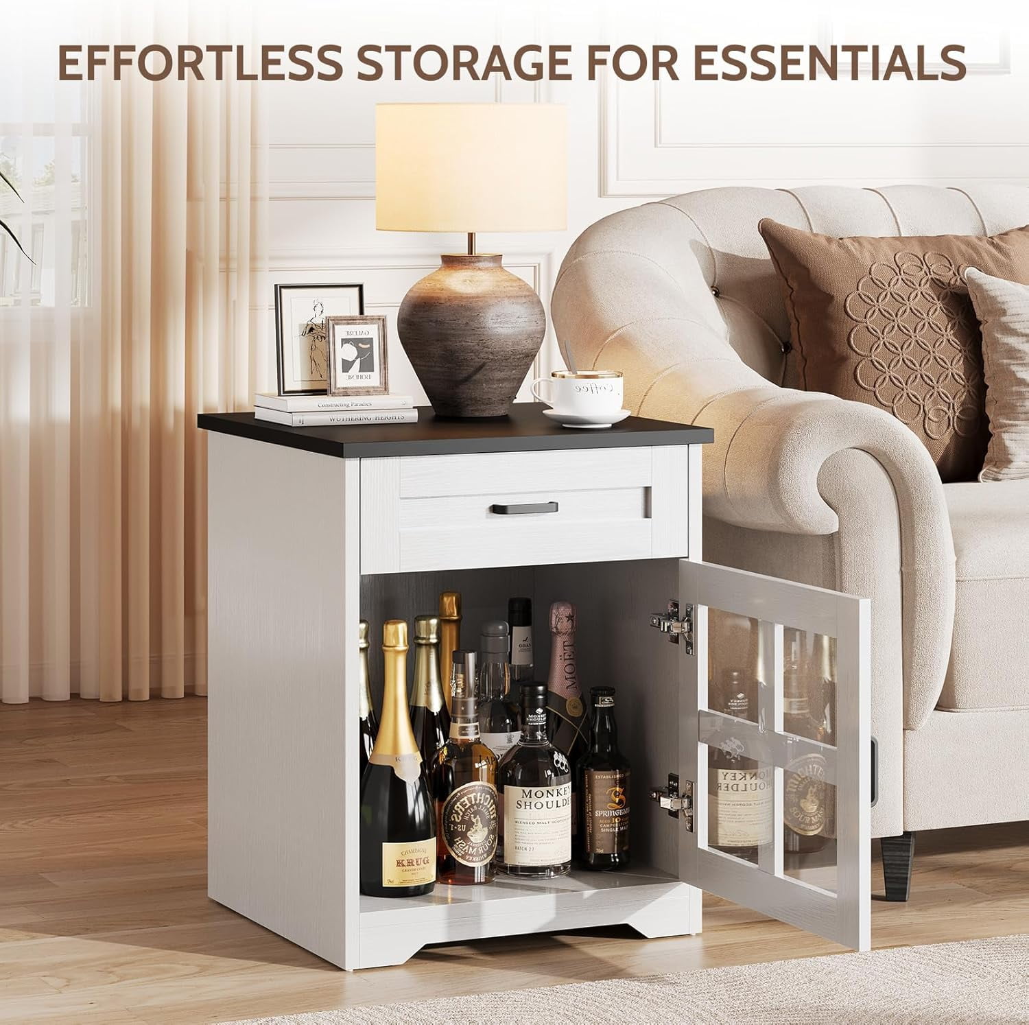 Vividwood Farmhouse End Table with Drawer and Storage Cabinet, 18" Large Side Table Nightstand with Acrylic Door for Living Room, White