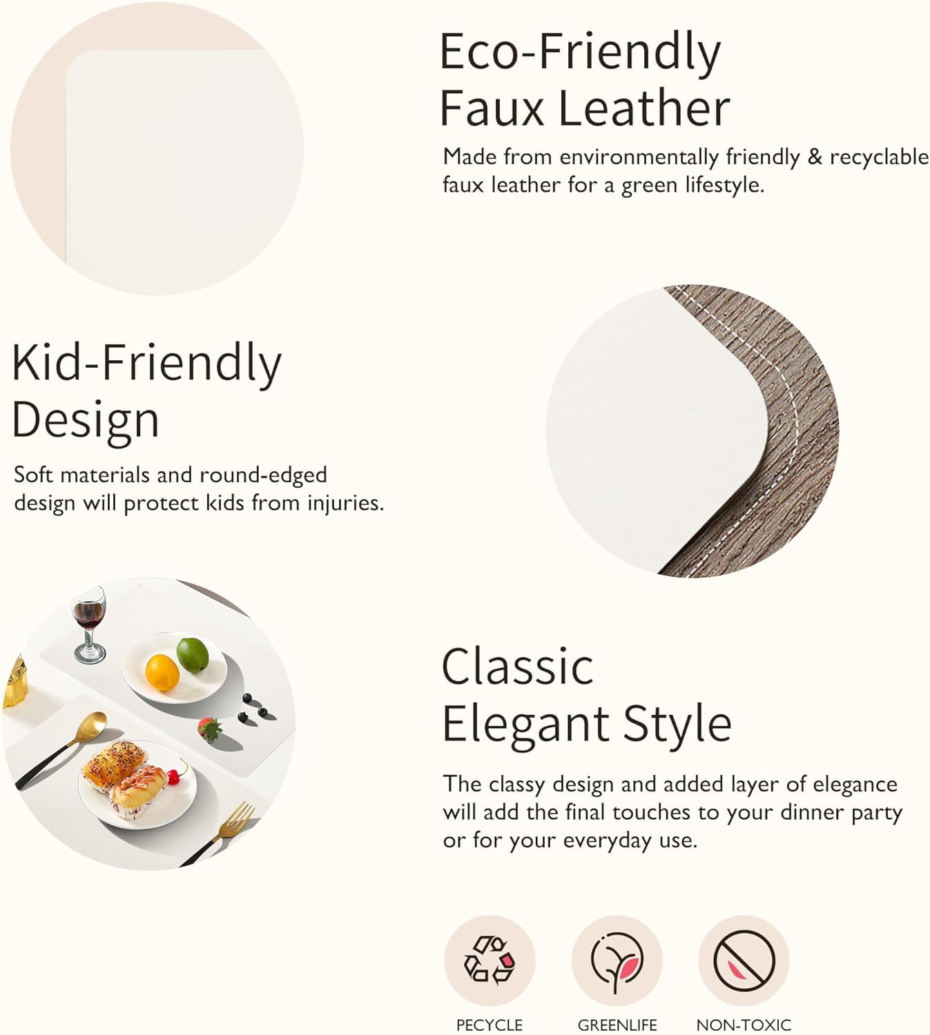 Lifestance Faux Leather Placemats Set of 6, Waterproof Heat Resistant Non Slip Dining Table Mats, 17x12 inch Rectangle Ivory White, Indoor Outdoor Use