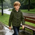 thumbnail image 6 of Boys Waterproof Windbreaker Outdoor Jacekt Lightweight Full Zip Fall Fashion Soft Lining Kids Raincoat with Hood Army Green 5-14, 6 of 8