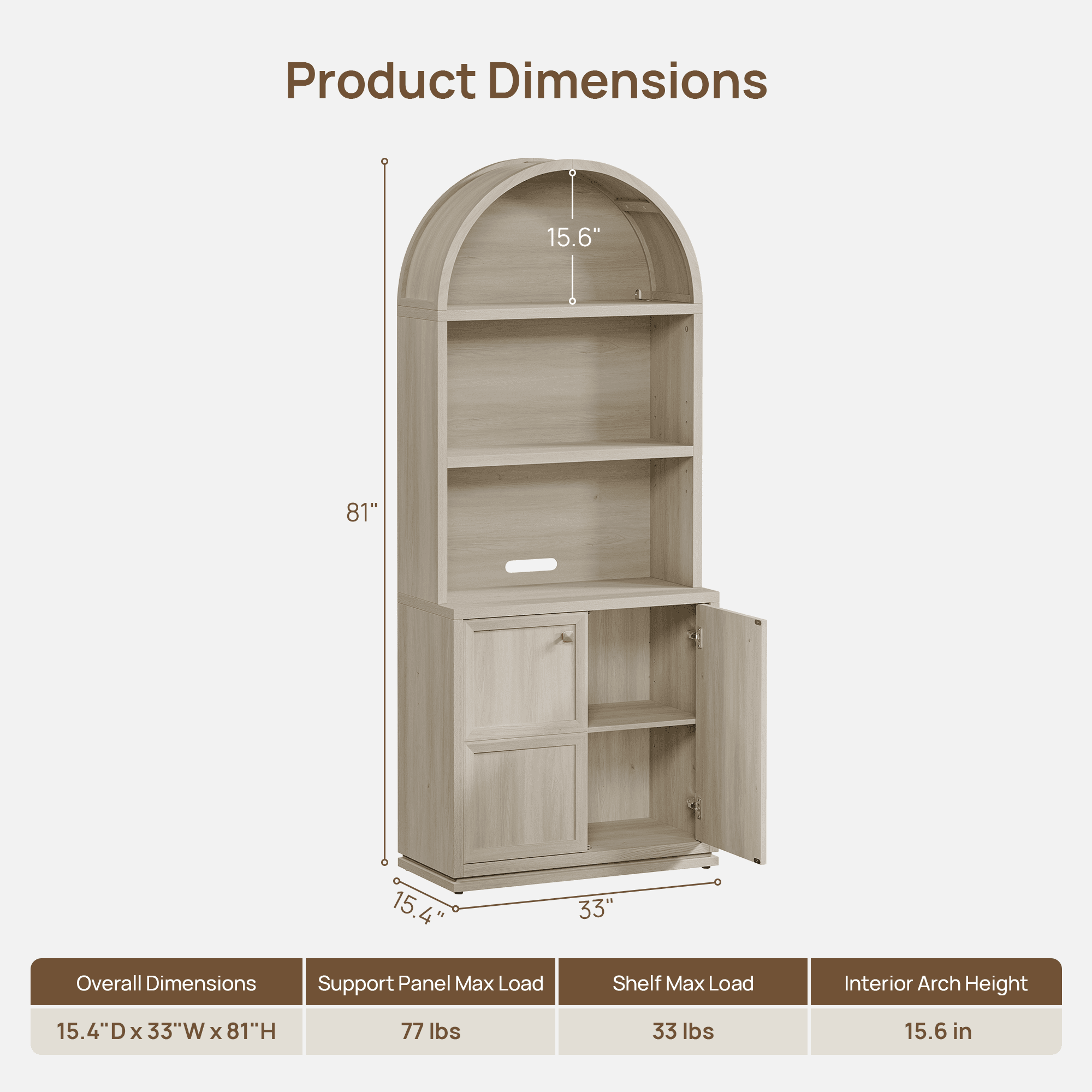 SICOTAS 81" Tall Arched Kitchen Pantry Storage Cabinet with Doors & Adjustable Shelves, Oversized 5-Tier Farmhouse Cupboard with Cable Management for Dining Room, Living Room, White Oak