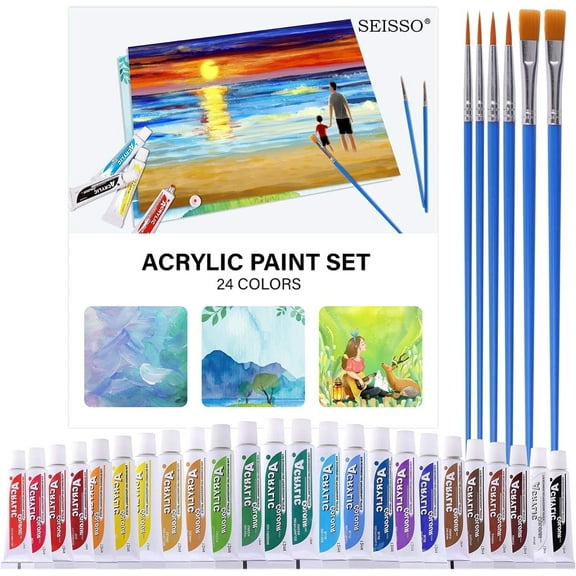 DEWEL 24-Color Acrylic Paint Set with 6 Brushes, Flat Finish, for Adults and Kids