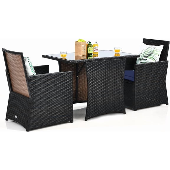 KOTEK 3 Piece Outdoor Dining Set, PE Rattan Dining Table & Chairs Set with Tempered Glass Top & Cushions, Wicker Conversation Set, Patio Bistro Set for Backyard Garden Porch (Navy)
