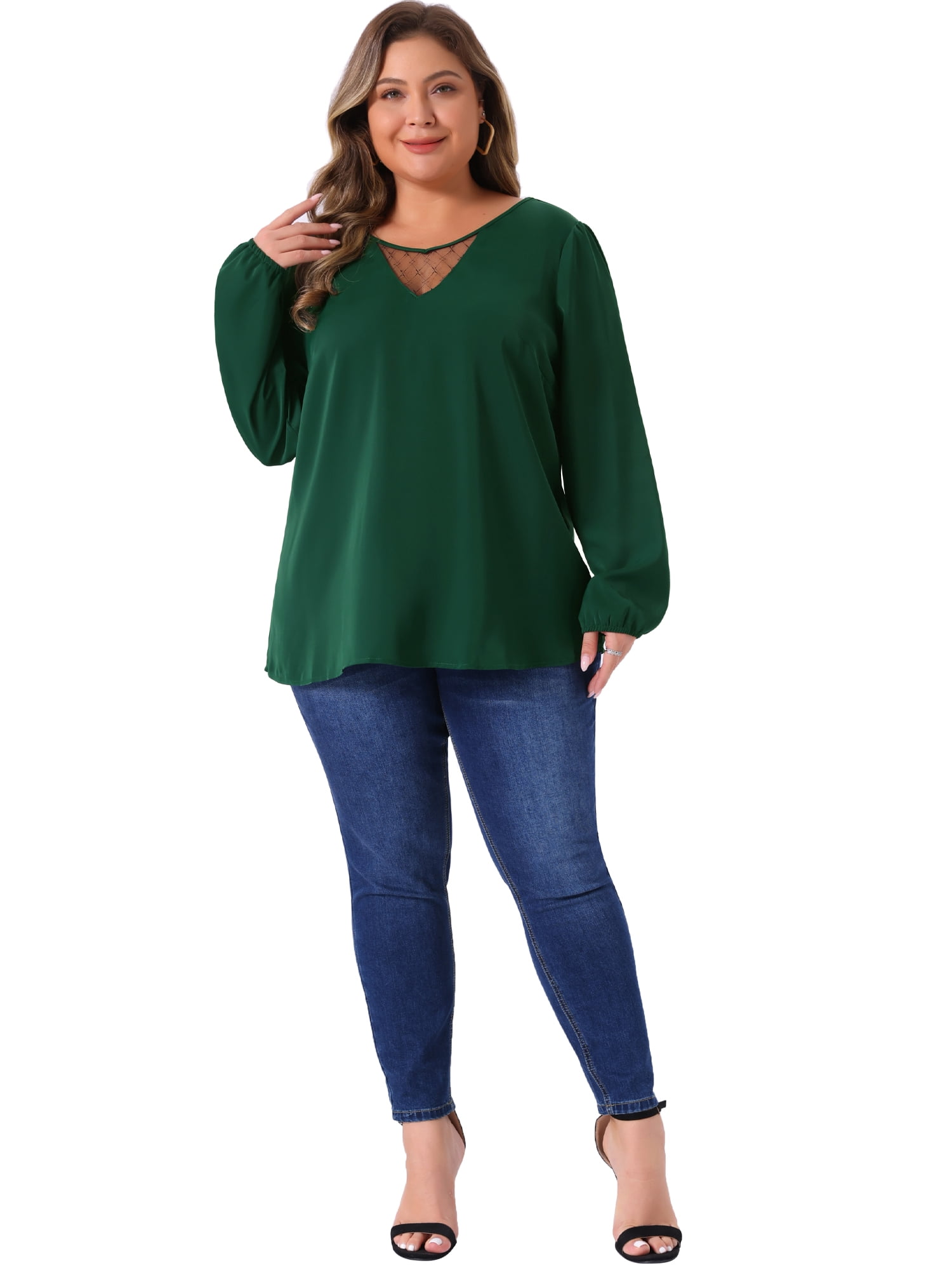 DARING DIVA Women's Plus Summer Blouses Lace V Neck Casual Shirts Tops 1X Dark Green