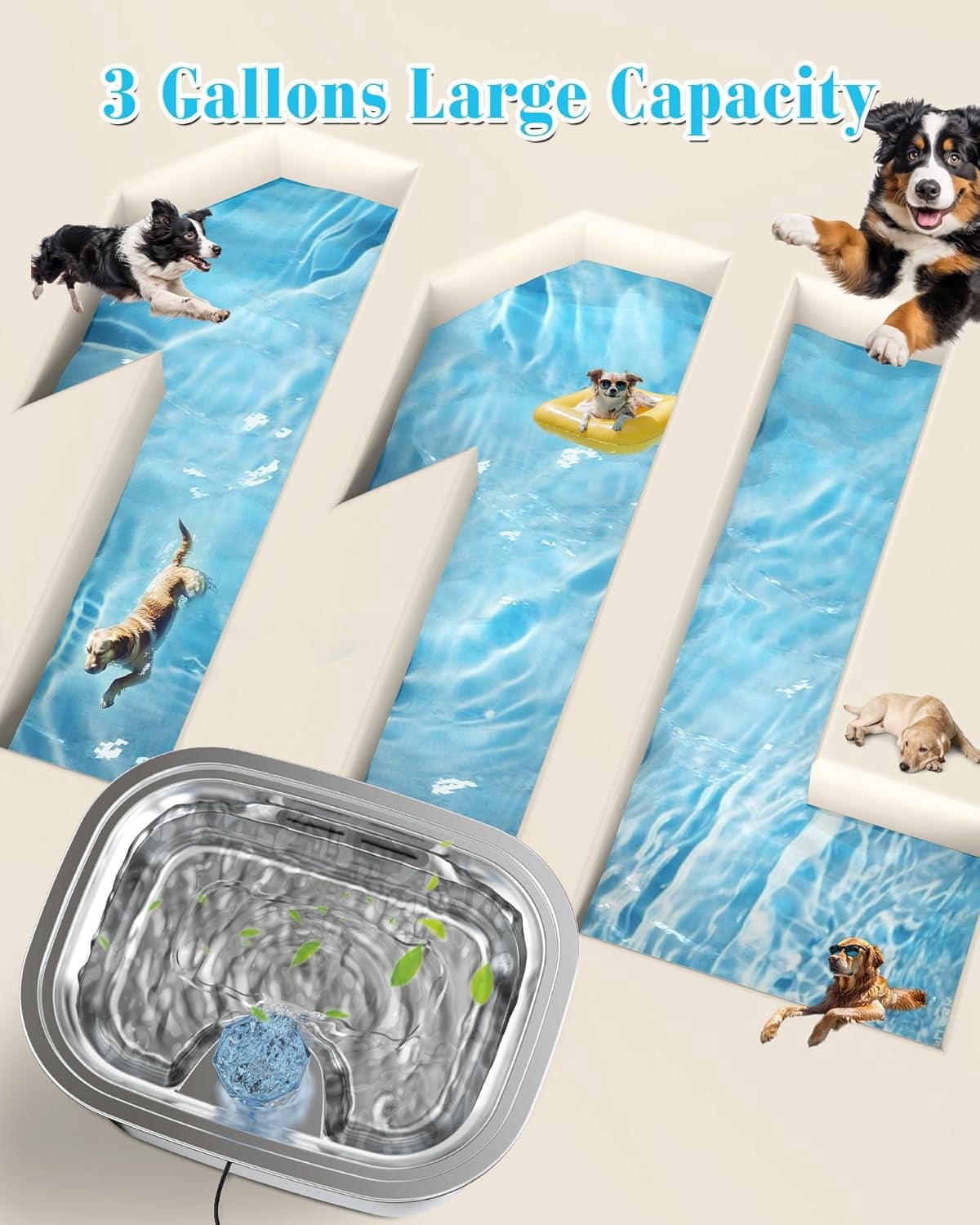 3 Galon Stainless Steel Dog Water Fountain for Large Dogs, Pet Water Fountain with 2 Filters, Automatic Dog Fountain Dog Water Bowl Dispenser Indoor, Quiet Pump, Dishwasher Safe
