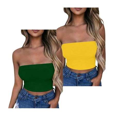 Lovskoo Womens 2 Pack Tube Tops Crop Tops Going Out Strapless Basic Backless Bandeau Bra Summer Outfits 2024 Y2K Clothes Green + Yellow