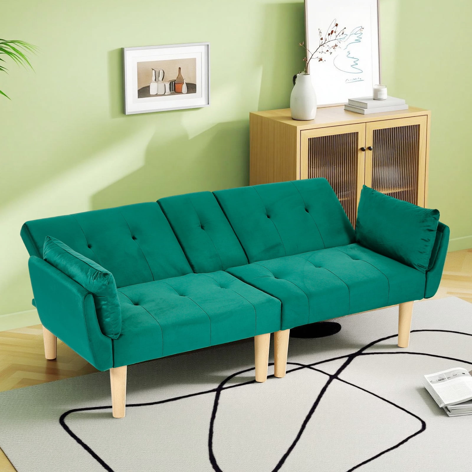Leumius 72 Inch Futon Sofa Bed,Velvet Futon Couch with Adjustable Backrest and Cupholders,Suitable for Apartment,Living Room,Small Space,Green