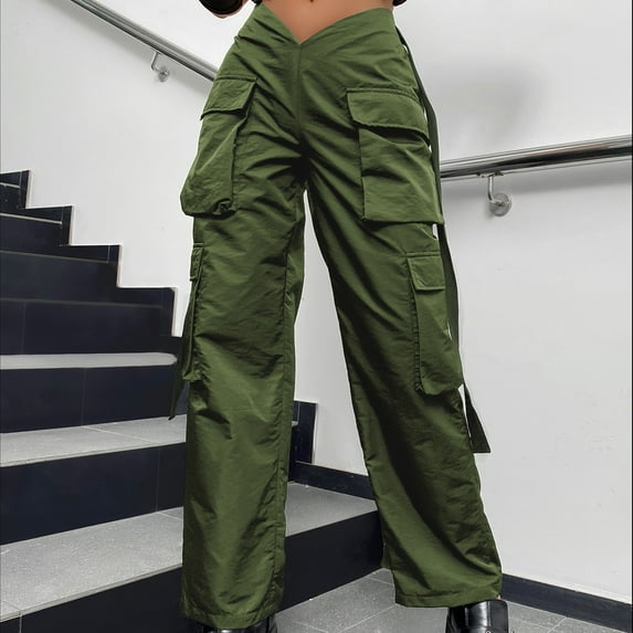 HUPOM Trouser Pants For Women Pants For Women Track Pants Low Waist Rise Full Straight-Leg Army Green XL
