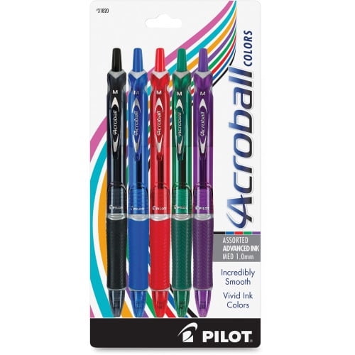 Pilot Acroball Colors Pens Medium Pen Point - 1 mm Pen Point Size - Refillable - Retractable - Black, Blue, Red, Green, Purple Advanced Ink Ink - Black, Blue, Red, Green, Purple Barrel - 5 / Pack