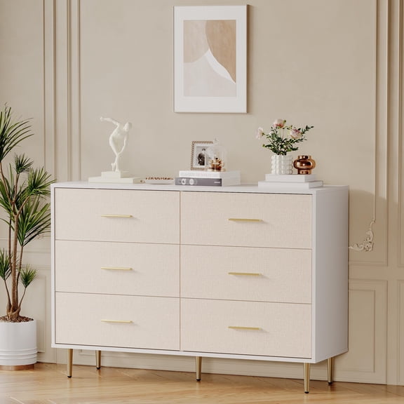 Accreate White 6 Drawer Modern Dresser, Storage Cabinet with Gold Metal Handles and Legs, Suitable for Bedroom, Living Room, and Entryway
