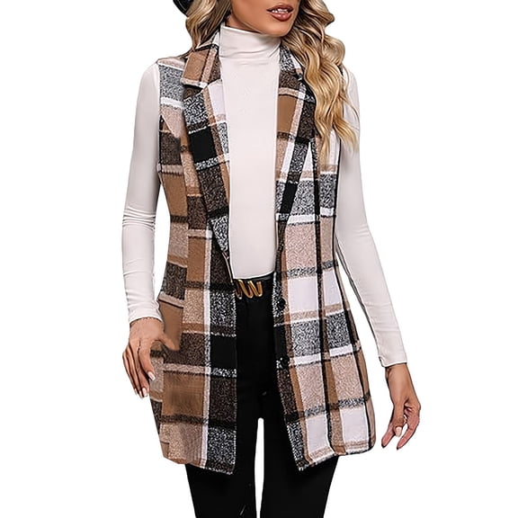 Womens Coats Plaid Vest Coat Leisure Lapel Neck Button Front Sleeveless Jacket Outerwear Female Warm Outerwear