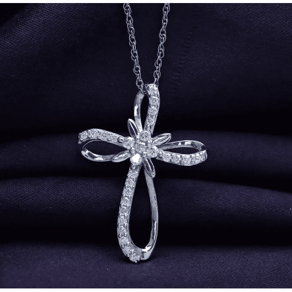 Luxe Infinity Ribbon Cross Women Pendant Necklace Elegant 925 Sterling Silver 14K Rose Gold Over