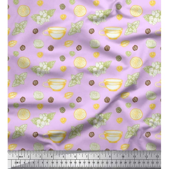 Soimoi Purple Poly Georgette Fabric Floral,Tea Cup & Lemon Slice Vegetable Decor Fabric Printed Yard 52 Inch Wide