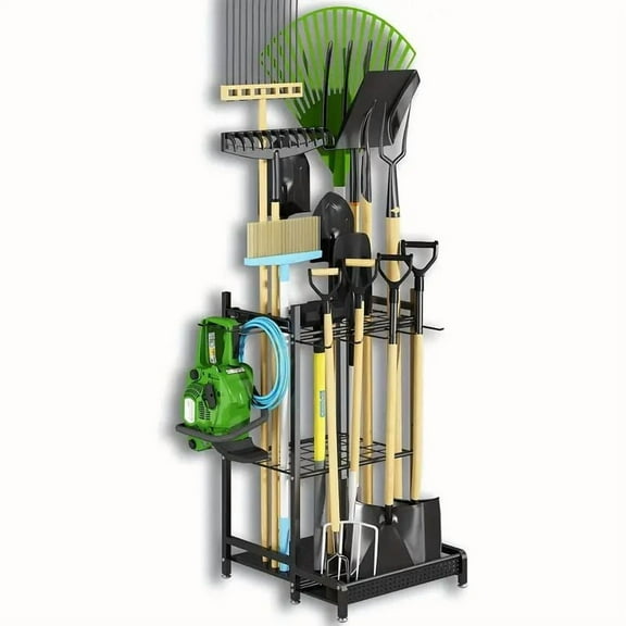 Heavy-Duty Metal Garden Tool Organizer Rack with Hooks Black Outdoor Storage Stand for Garage/Shed