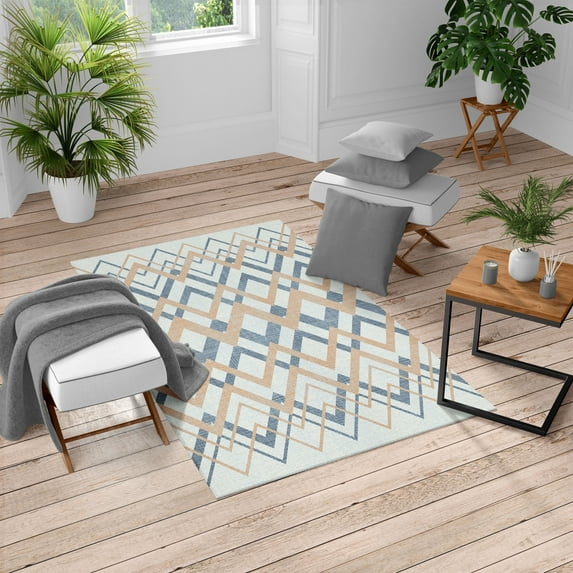 Chevron Turkish Area Rug, Vintage Overlapping Zigzag Lines Thin and Thick Stripes Old Classical, Soft Carpet for Living Room Decor with Distressed Look, 5.2' X 7.6', Pale Teal, by Ambesonne