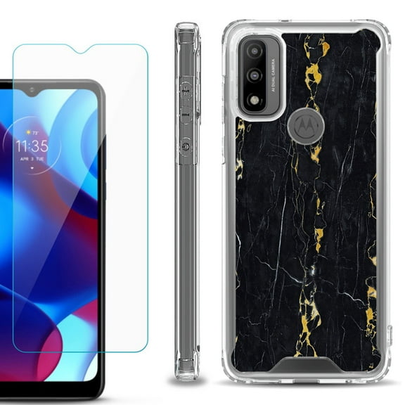 Shockproof Bumper Phone Case for Motorola Moto G Pure, with Tempered Glass Screen Protector, by OneToughShield ® - Marble / Gold/Black