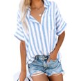 thumbnail image 1 of Women's V Neck Stripes Roll up Sleeve Button Down Shirt, 1 of 5