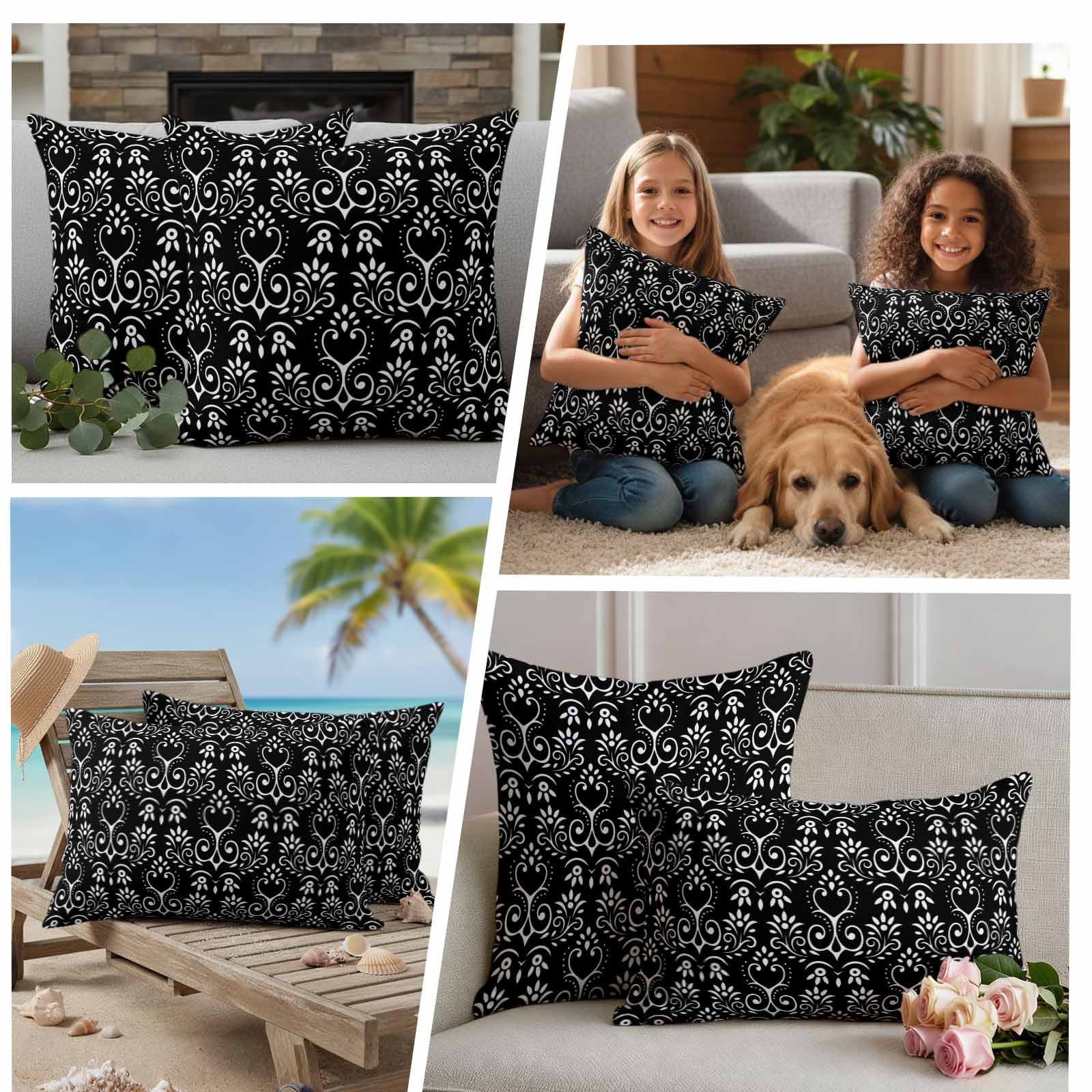 Black Spring Floral Outdoor Waterproof Pillow Covers, Modern Abstract Art Farmhouse Decorative Rectangle Throw Pillowcase Sofa Cushion Sham for Patio/Couch/Chair, 20"x12" 2 Pack