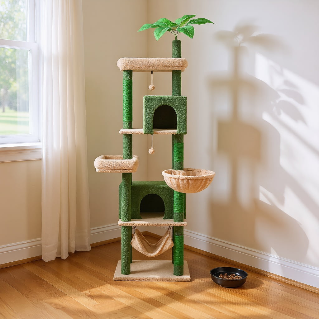 Pefilos 74" Large Cat Tree Tower for Indoor Cats, Fat Cats with Big Hammock, Cat Climbing Tree with Scratching Posts, Condo House and Top Perch, Green