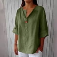 thumbnail image 2 of Cotton Linen Shirts for Women 2026 Summer Short Sleeve Button V Neck Tops Dressy Casual Oversized Tshirts by Yigetop Green 5XL, 2 of 8