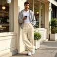 thumbnail image 6 of Men's Baggy Sweatpants Drawstring Waist Wide Leg Pants Loose Fit Casual Streetwear Fall Winter Trousers with Pockets Beige M, 6 of 6