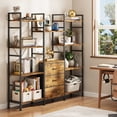 thumbnail image 3 of HIGDBFE Triple Wide 4-Tier Bookshelf, Industrial Open Display Bookcase, 10 Shelves and 3 Fabric Drawers Large Bookshelf for Living Room, Home Office, Rustic Brown, 3 of 9