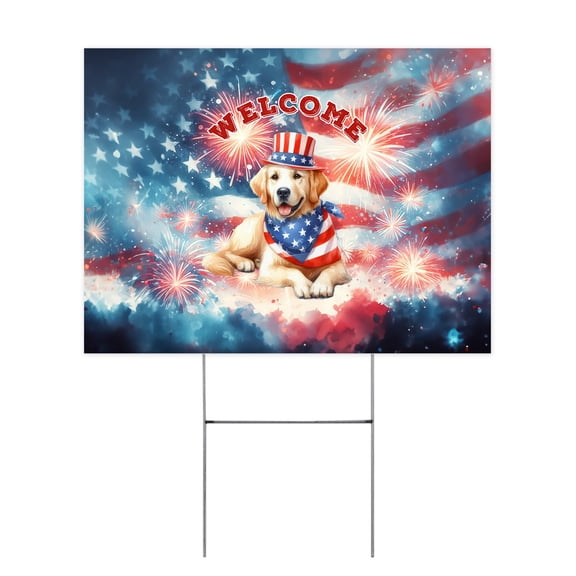 Golden Retriever Patriotic Welcome for 4Th of July Independence Day Yard Sign Goldens Dog Lover Gifts Idea Outdoor Home Lawn Garden Porch Decor - 00010