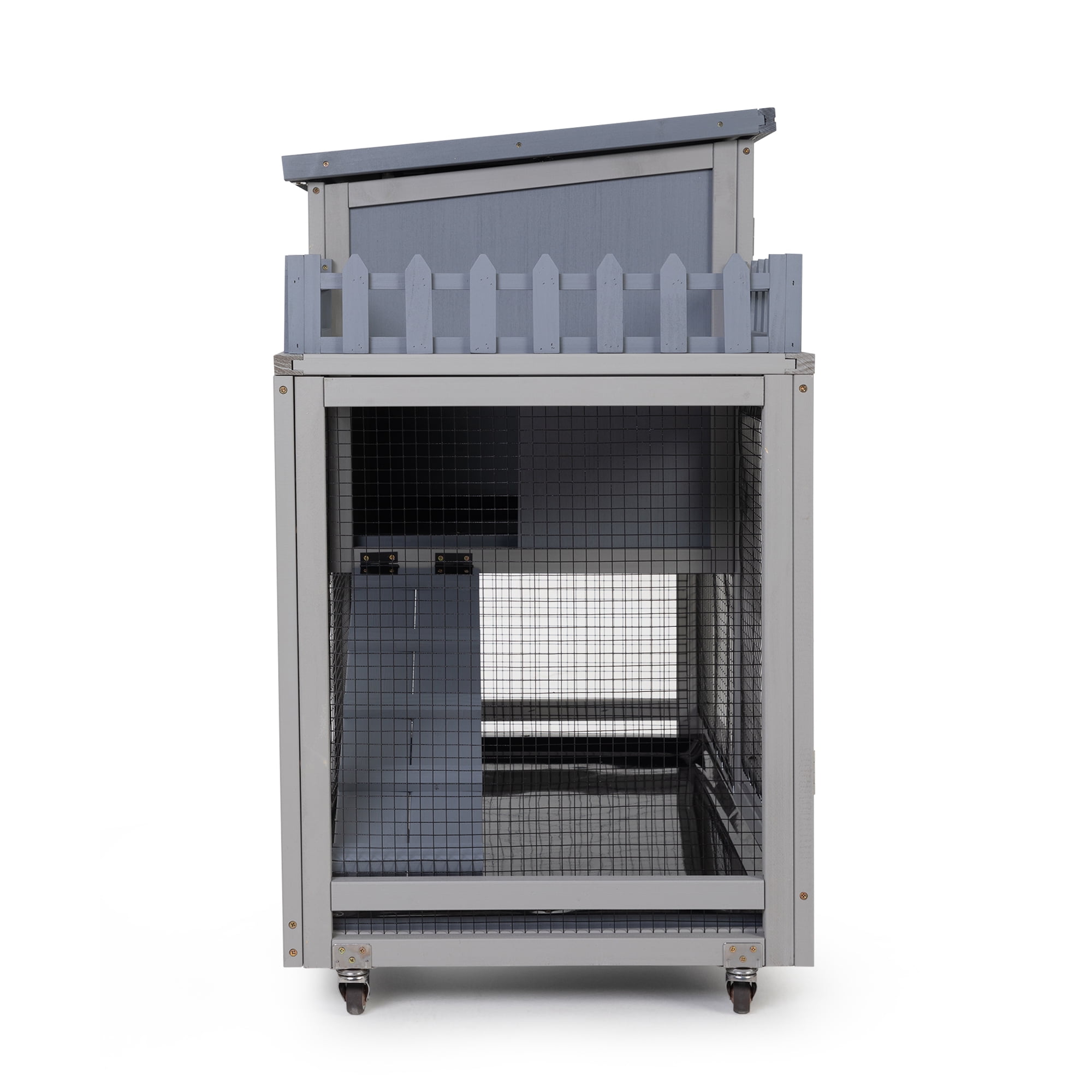 Grey Rabbit Hutch 2-Tier Wooden Bunny Cage with Wheels - Indoor/Outdoor Small Animal House for Rabbits, Guinea Pigs, Chinchillas - Waterproof Roof, Lockable Doors, Removable Tray & Ramp