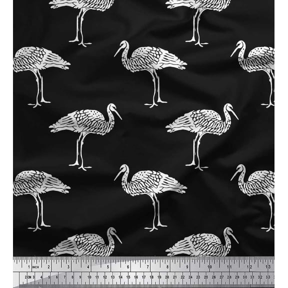 Soimoi Crepe Silk Fabric Heron Block Print Fabric by The Yard 42 Inch Wide