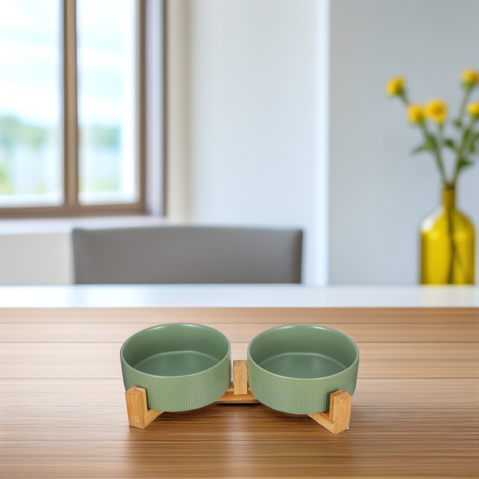 Tineasur 1Set Elevated Ceramic Dog Food Bowl with Sturdy Wooden Stand Stable and Easy to Clean