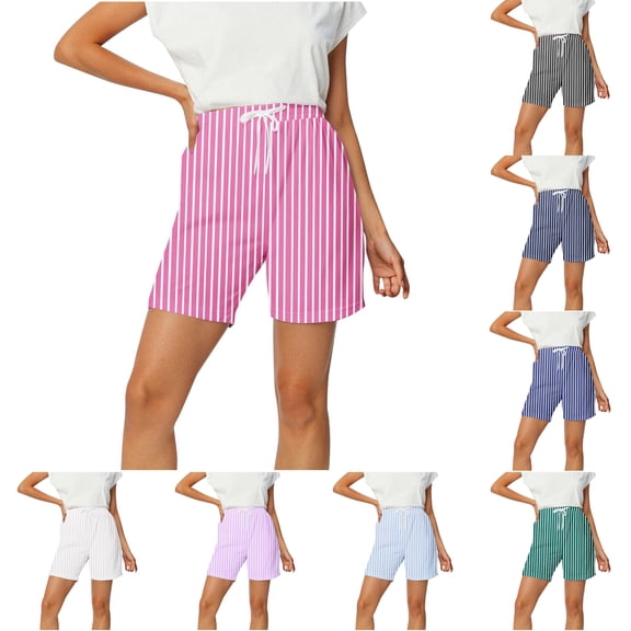 Paiwinds Women's Casual Print Color Elastic Waist Bandage Short Pants, Drawstring, Stretchy, Loose Fit, Multiple Colors.