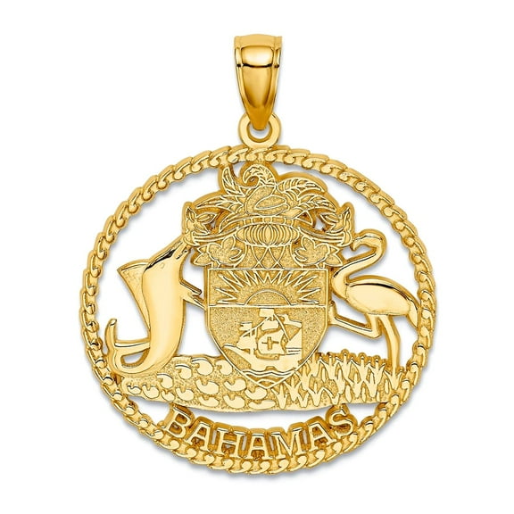 14k Gold Bahamas Crest In Textured Frame Charm 30.3x24.7mm Wide 0.8mm Thick Pendant Necklace for Women