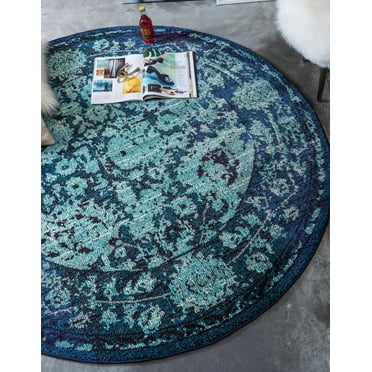 Rugs.com Fleur Collection Rug – 8' Round Blue Medium-Pile Rug Perfect For Kitchens, Dining Rooms