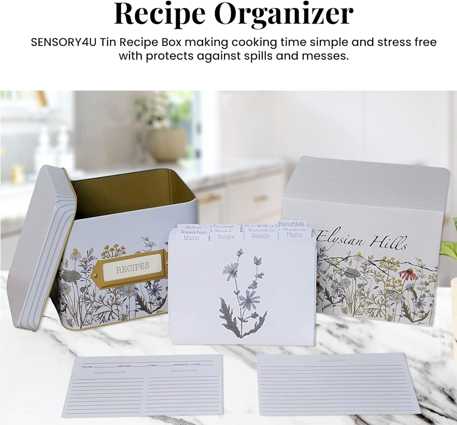 Tin Recipe Box Holder With Cards - Wildflower Print - Includes 100 4X6 Cards and 12 Dividers - Beautiful Decorative Tin Box Flower Gift