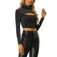 thumbnail image 4 of INSPIRE CHIC Party Tee for Women's Long Sleeve Slim Fit Mock Neck Cutout Crop Tops XS Black, 4 of 5