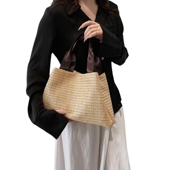 Women Classical Woven Straw Bag Casual Beach Holiday Top Handle Shoulder Handbag